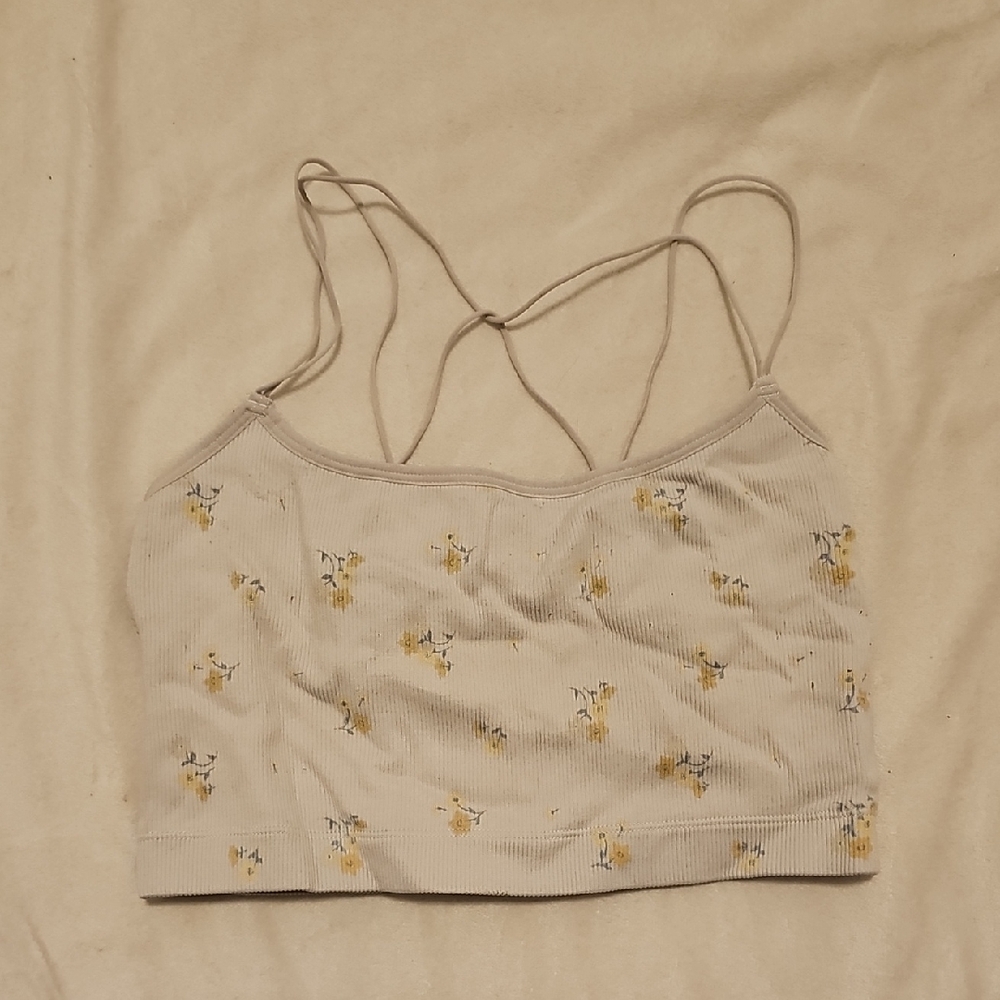 White Ribbed Crop Top With Yellow Flowers